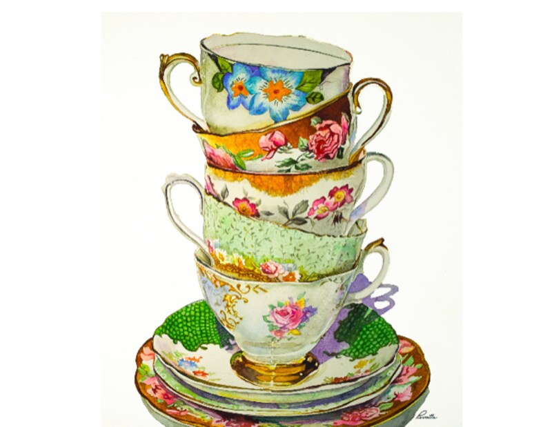 "Vintage Tea Cups" 🫖 Original Watercolor Painting by Pierrette Komarek